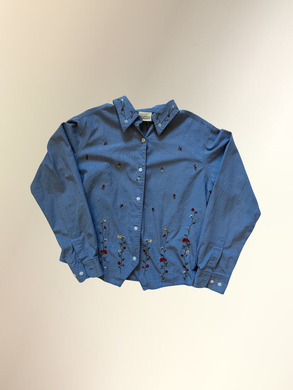 Vintage Classic Elements Blue Gingham Check Floral Embroidered Button Down Shirt